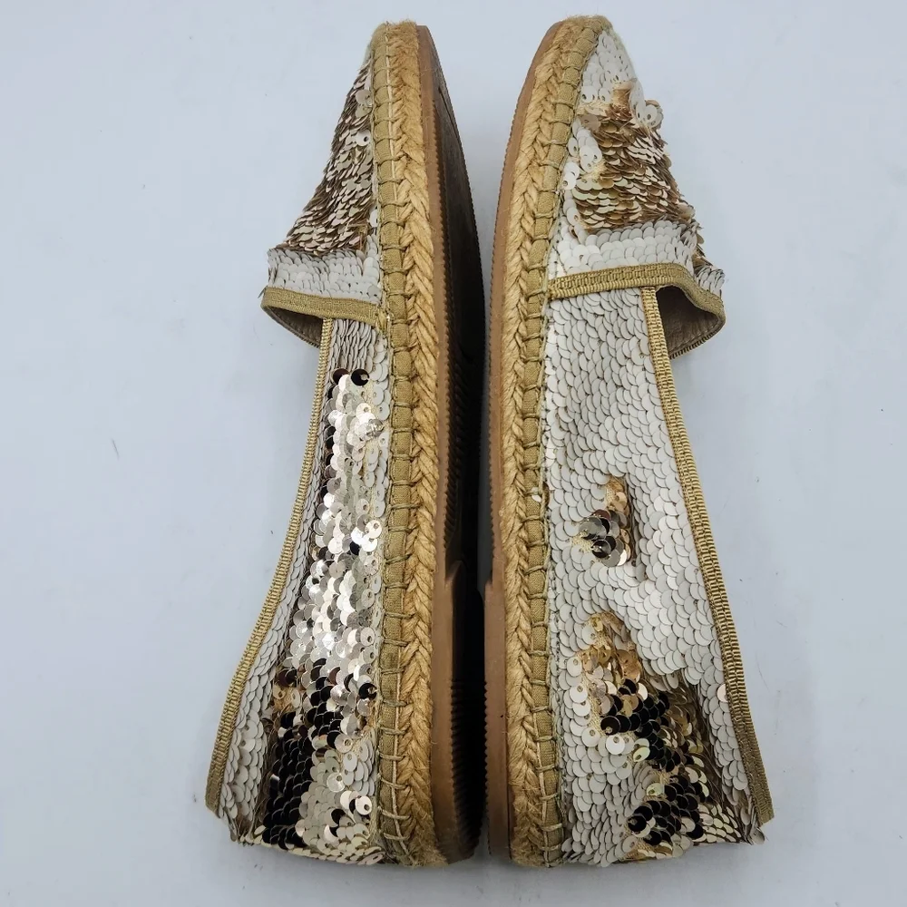 ANDREW STEVENS Chiara Leather Sequins Espadrilles Flats Gold And Cream 37 / 6.5